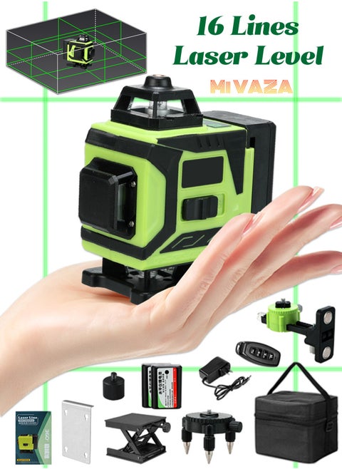 16 Lines 4D High Precision Laser Level - 4x360° Self-Leveling - IP54 - Portable Cordless Level with 2 Batteries, Remote Control, Lifting Platform, Storage Bag - Layout Tool