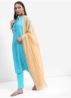 Vishudh Blue Printed Kurta Set with Dupatta  - Image 4