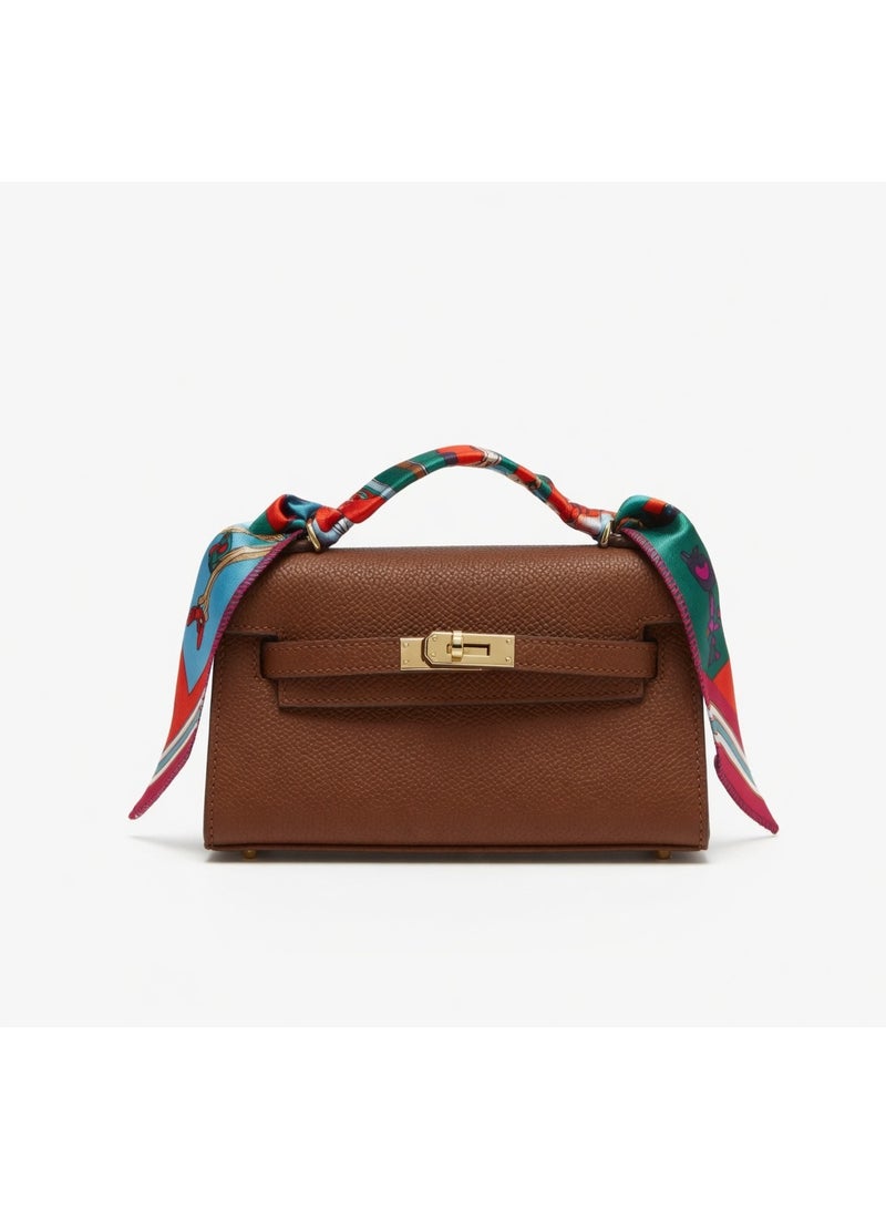 Sunstar Elegant Mini Top Handle Bag – brown Handbag with Scarf & Shoulder Strap