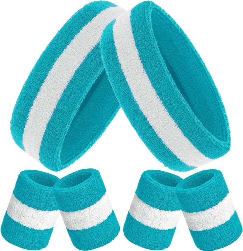 Bememo 6 Pcs Neon Sweatbands Set for Men Women 80s Tennis Striped Headband Sports Wristband Set Costumes Glow Cosplay Party - Image 1