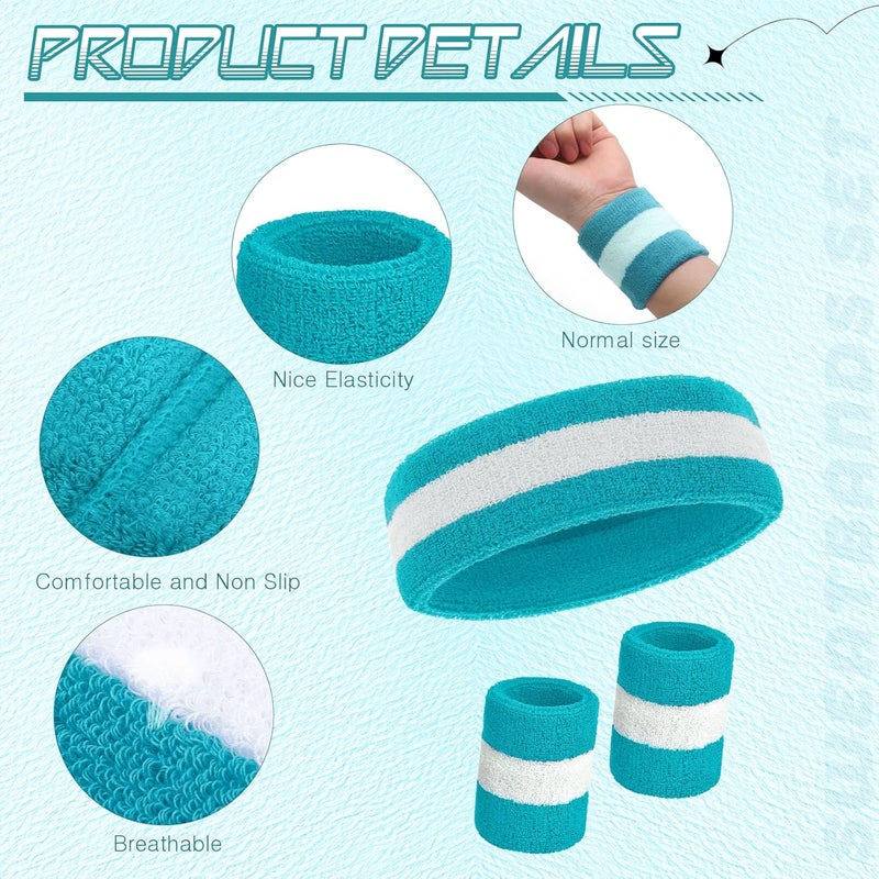 Bememo 6 Pcs Neon Sweatbands Set for Men Women 80s Tennis Striped Headband Sports Wristband Set Costumes Glow Cosplay Party - Image 5