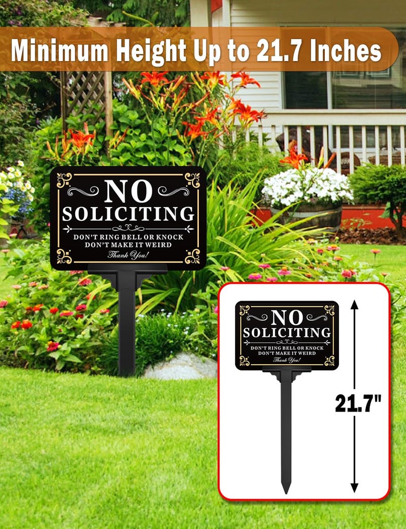 Multiwins No Soliciting Sign for House with Stake - Adjustable Height - 12 x 8 Inch/37 Inch High - 50-mil Thick Aluminum -Metal No Soliciting Yard Sign for Home/Front Door and Business (Rectangle-Gold-01) - Image 3
