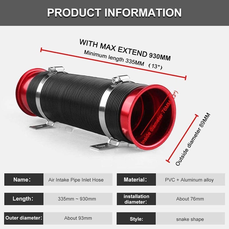 AUTO MT Turbine Intake Guide 76MM 3inch Adjustable Flexible Hose Car Cold Air Turbo Inlet Universal Pipe (RED-FLEXIBLE) - Image 2