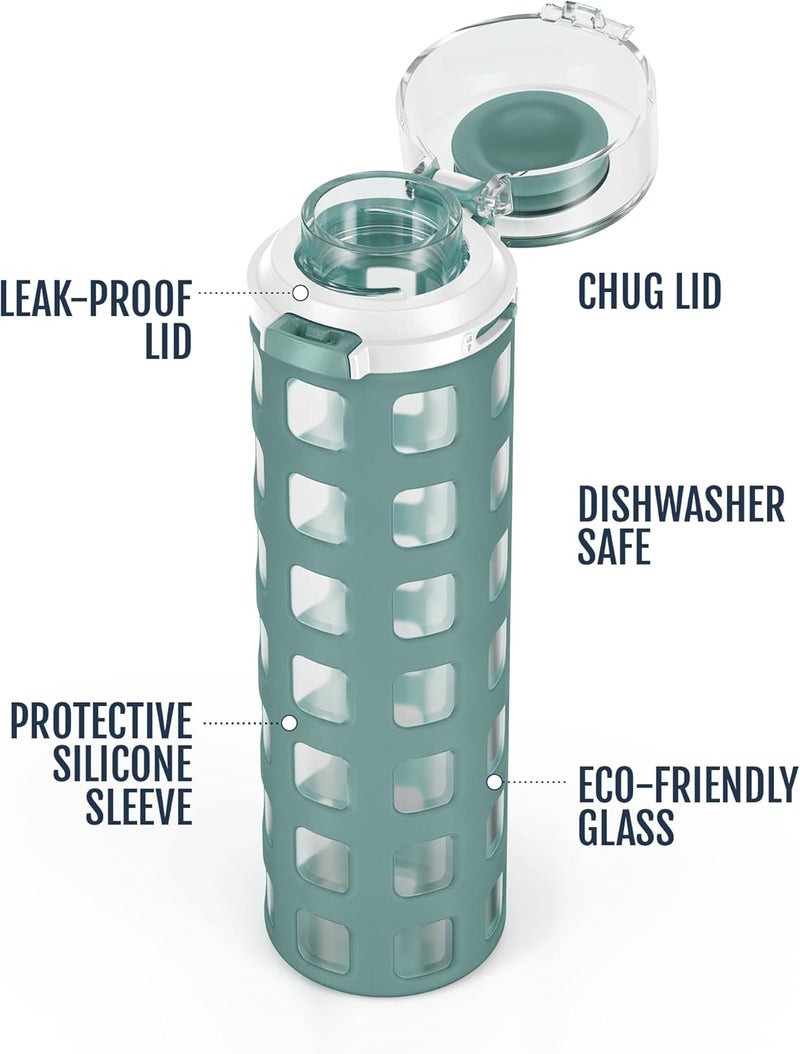 Ello Syndicate 20oz Reusable Glass Water Bottle with One-Touch Leak Proof Flip Lid, Protective Non-Slip Silicone Sleeve, Carry Loop for Coffee, Tea and Water, BPA-free, Dishwasher Safe, Alligator - Image 2
