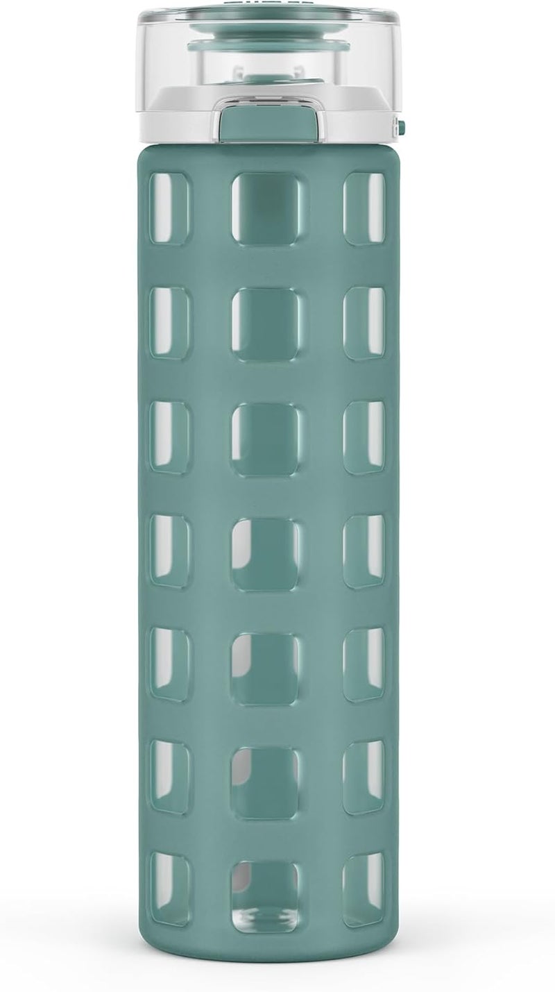 Ello Syndicate 20oz Reusable Glass Water Bottle with One-Touch Leak Proof Flip Lid, Protective Non-Slip Silicone Sleeve, Carry Loop for Coffee, Tea and Water, BPA-free, Dishwasher Safe, Alligator - Image 1