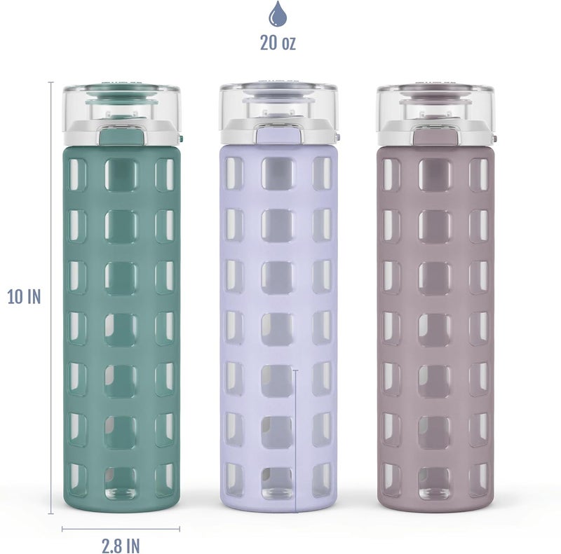 Ello Syndicate 20oz Reusable Glass Water Bottle with One-Touch Leak Proof Flip Lid, Protective Non-Slip Silicone Sleeve, Carry Loop for Coffee, Tea and Water, BPA-free, Dishwasher Safe, Alligator - Image 3
