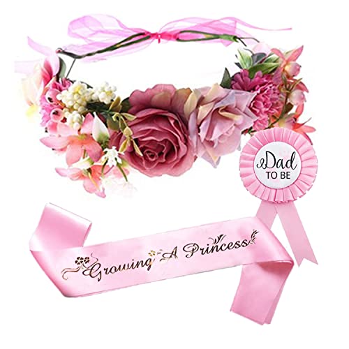 Ulfanit Girls Baby Shower Decoration - Adjustable Flower Crown Tiara and Growing A Princess Sash, Daddy Pin, Pink Party Gift Favors for Expectant Mom Dad Parents - Image 1