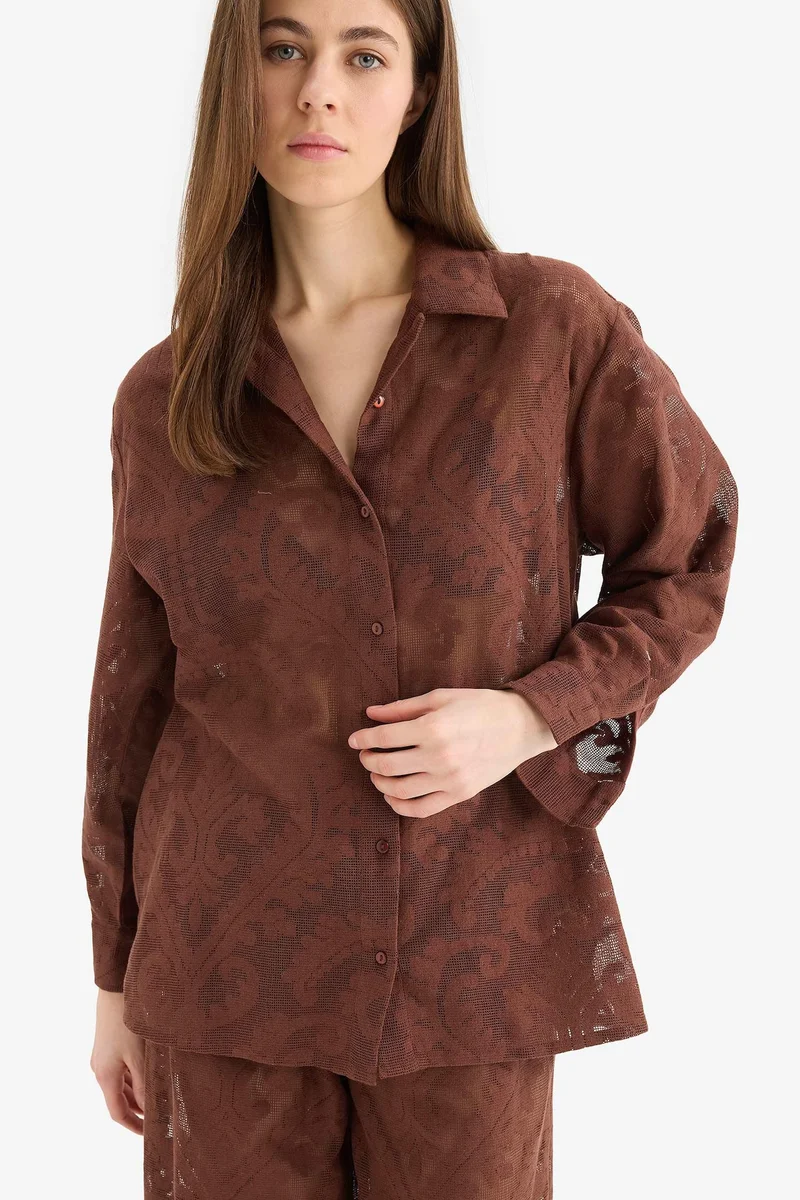 ديفاكتو Fall in Love Regular Fit Lace Detailed Beach Shirt