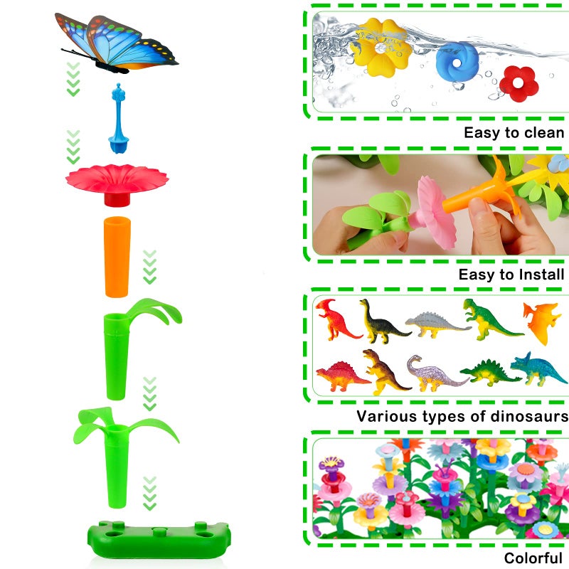 Leetous Toys Gifts for Toddlers Boys Girls Age 2 3 4 5 6, 167 PCS Dinosaur Flower Garden Building Blocks, STEM Fine Motor Skill Stacking Games, Easter First 1st Birthday Gifts for Preschool Kids 2+ Years Old - Image 5