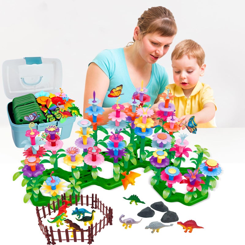 Leetous Toys Gifts for Toddlers Boys Girls Age 2 3 4 5 6, 167 PCS Dinosaur Flower Garden Building Blocks, STEM Fine Motor Skill Stacking Games, Easter First 1st Birthday Gifts for Preschool Kids 2+ Years Old - Image 2