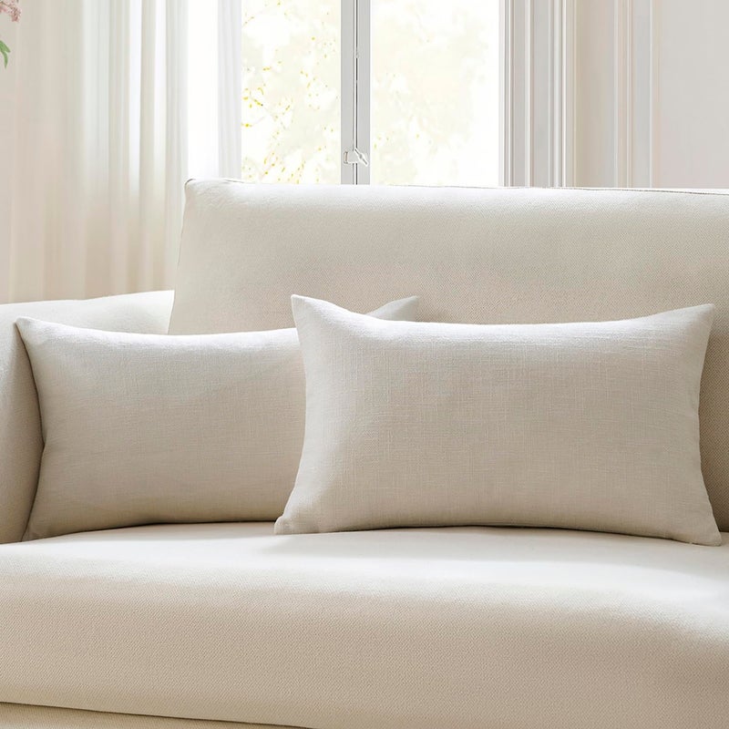 Meekio Set of 2 Ivory Pillow Covers 12 x 20 Inch Farmhouse Boho Decorative Throw Pillow Covers Linen Cushion Covers for Sofa Couch Dcor