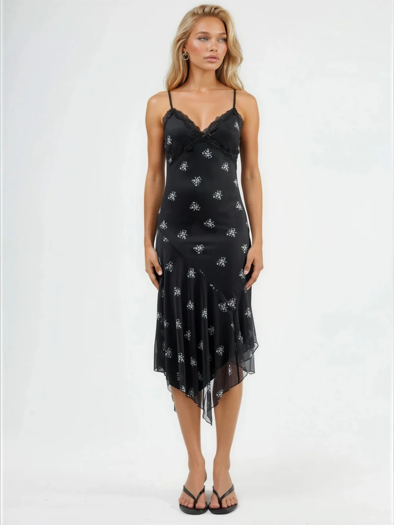 هيكاب V-Neck Printed Bodycon Maxi Dress with Lace Detail