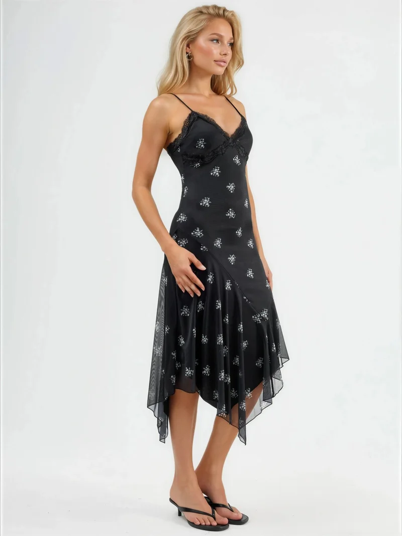 هيكاب V-Neck Printed Bodycon Maxi Dress with Lace Detail