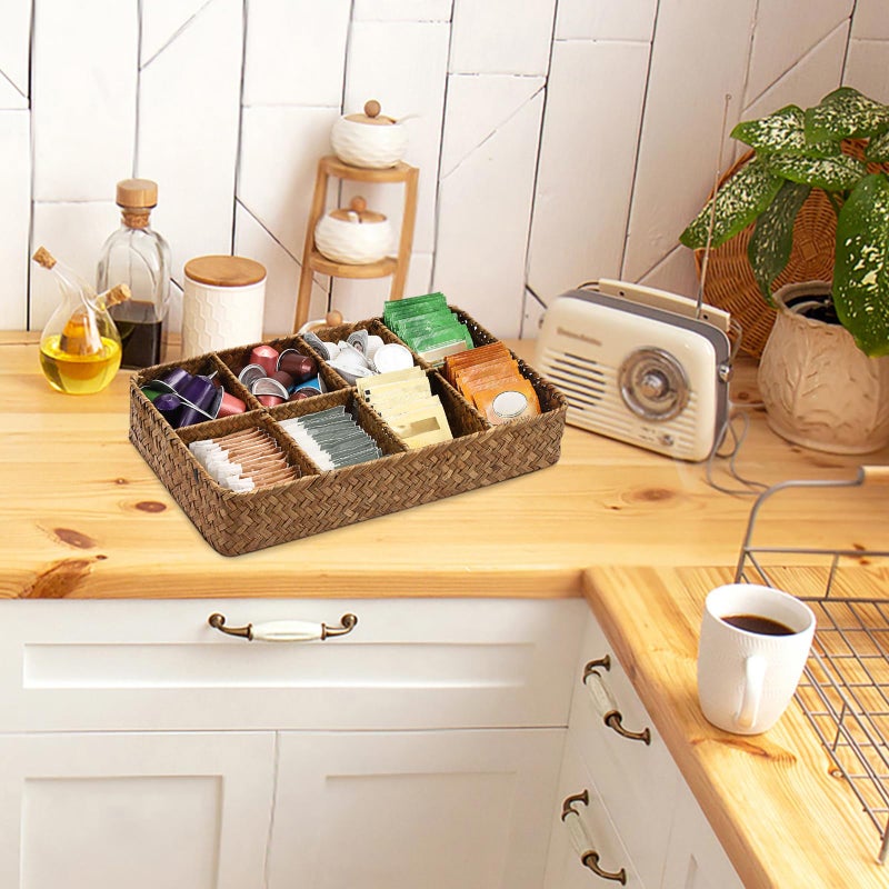 ELLDOO Tea Bag Organizer Tray, 8 Sections Sugar Packet Holder Coffee Pod Storage Condiment Organizer Seagrass Divided Basket for Pantry Drawer Shelf Countertop, Brown - Image 5