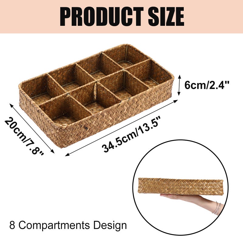 ELLDOO Tea Bag Organizer Tray, 8 Sections Sugar Packet Holder Coffee Pod Storage Condiment Organizer Seagrass Divided Basket for Pantry Drawer Shelf Countertop, Brown - Image 2