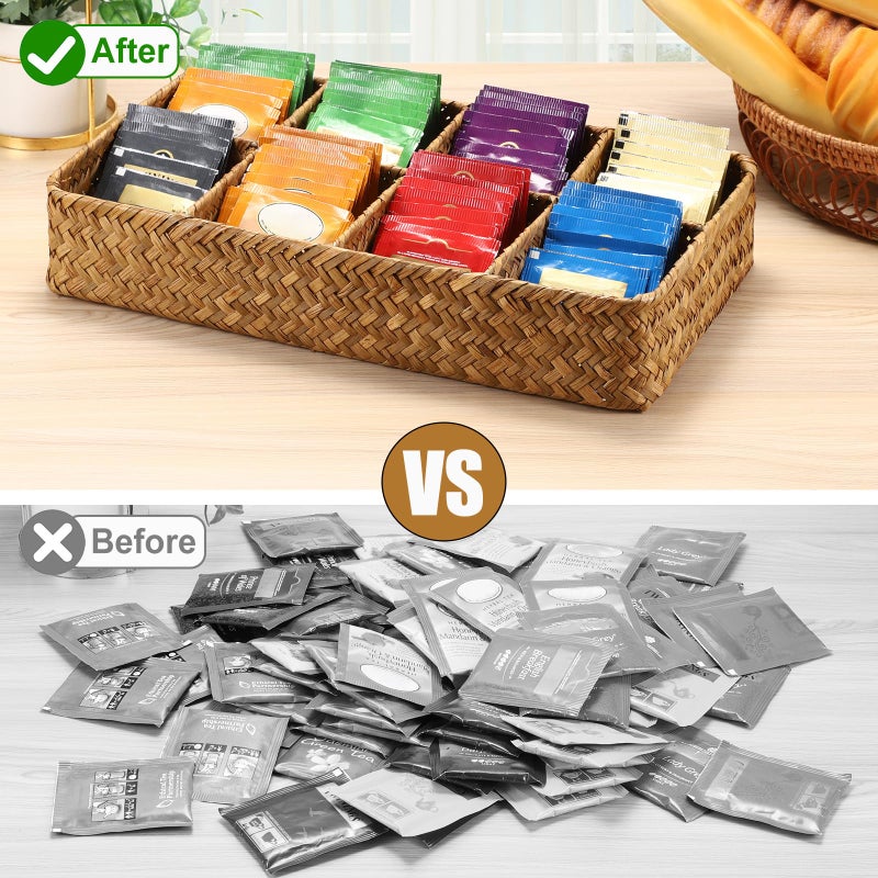 ELLDOO Tea Bag Organizer Tray, 8 Sections Sugar Packet Holder Coffee Pod Storage Condiment Organizer Seagrass Divided Basket for Pantry Drawer Shelf Countertop, Brown - Image 3