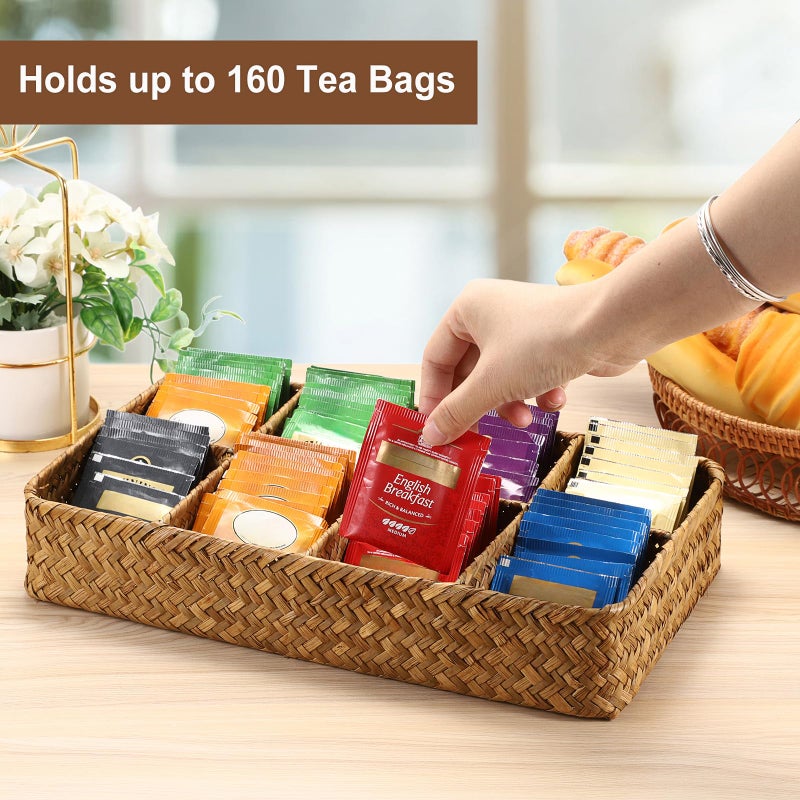 ELLDOO Tea Bag Organizer Tray, 8 Sections Sugar Packet Holder Coffee Pod Storage Condiment Organizer Seagrass Divided Basket for Pantry Drawer Shelf Countertop, Brown - Image 4