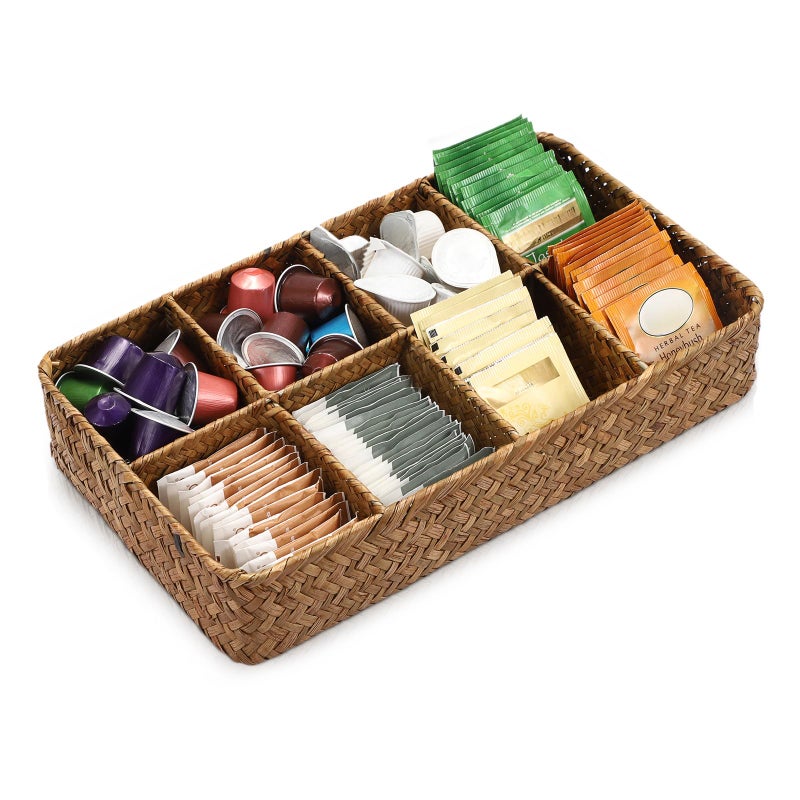 ELLDOO Tea Bag Organizer Tray, 8 Sections Sugar Packet Holder Coffee Pod Storage Condiment Organizer Seagrass Divided Basket for Pantry Drawer Shelf Countertop, Brown - Image 1