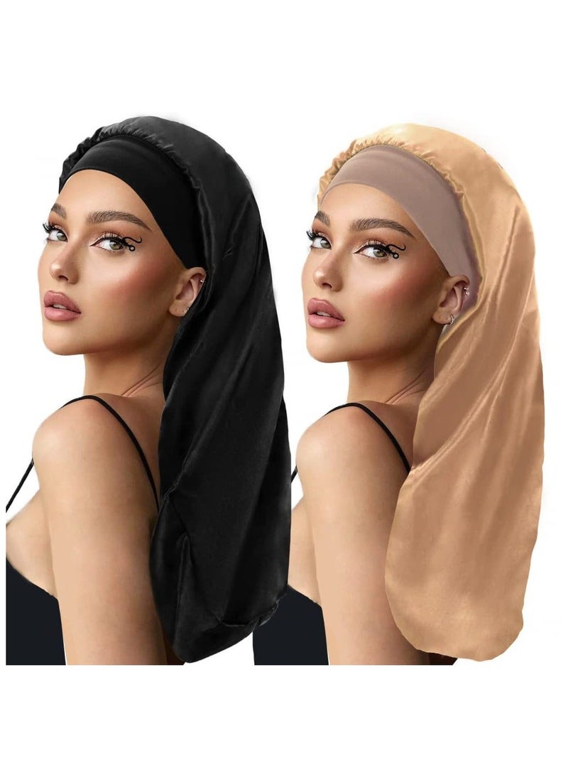 قطعتان من قبعة الساتان الطويلة للنساء، قبعة نوم حريرية، قبعة نوم ليلية بشريط مطاطي ناعم، قبعة ضفائر حريرية بشريط عريض، قبعة نوم ليلية بضفائر طويلة، غطاء رأس للشعر الطبيعي والشعر المجعد - Image 1