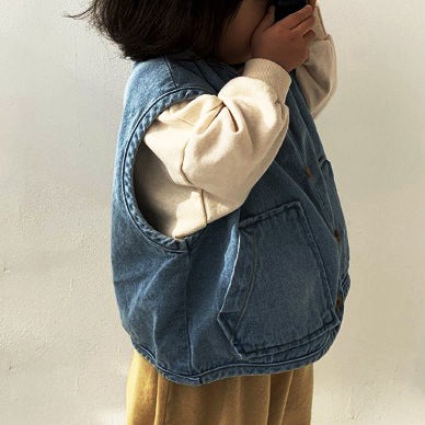 Korean-style Instagram Popular Small and Medium-sized Childrens Wear Spring and Autumn Pocket Crewneck Loose Vest Casual Denim Vest 2024 Cowboy orchid. 