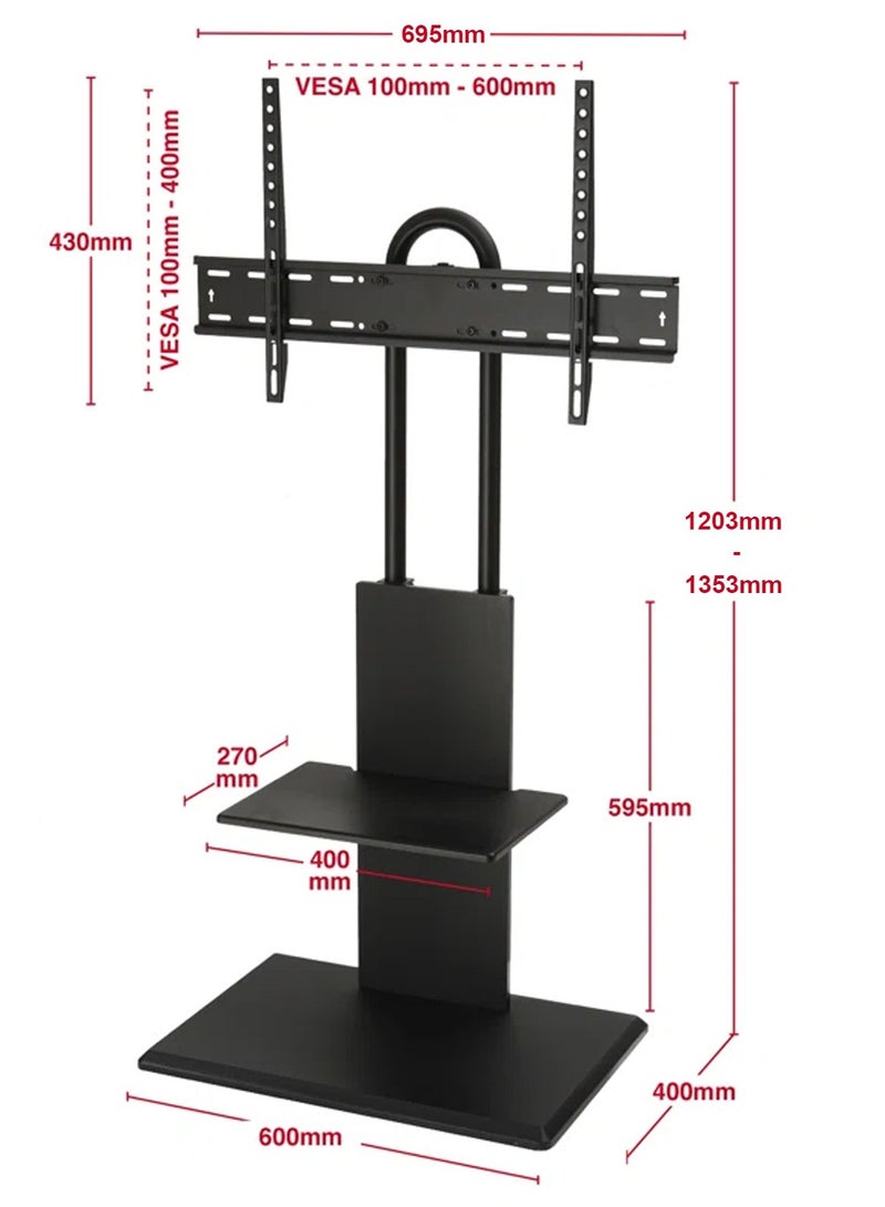 نوايوو حامل تلفزيون أرضي من 32 إلى 65 بوصة، مع منصة وسائط، وحامل تلفزيون بارتفاع عالمي قابل للتعديل، ودوران زاوية الرؤية (لون الخشب الأسود) - Image 4