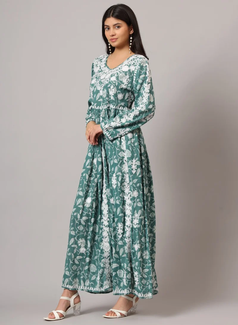 الايا جلابية قطنية مطبوعة مطرزة يدويًا من لاكناوي شيكانكاري-AL3936
