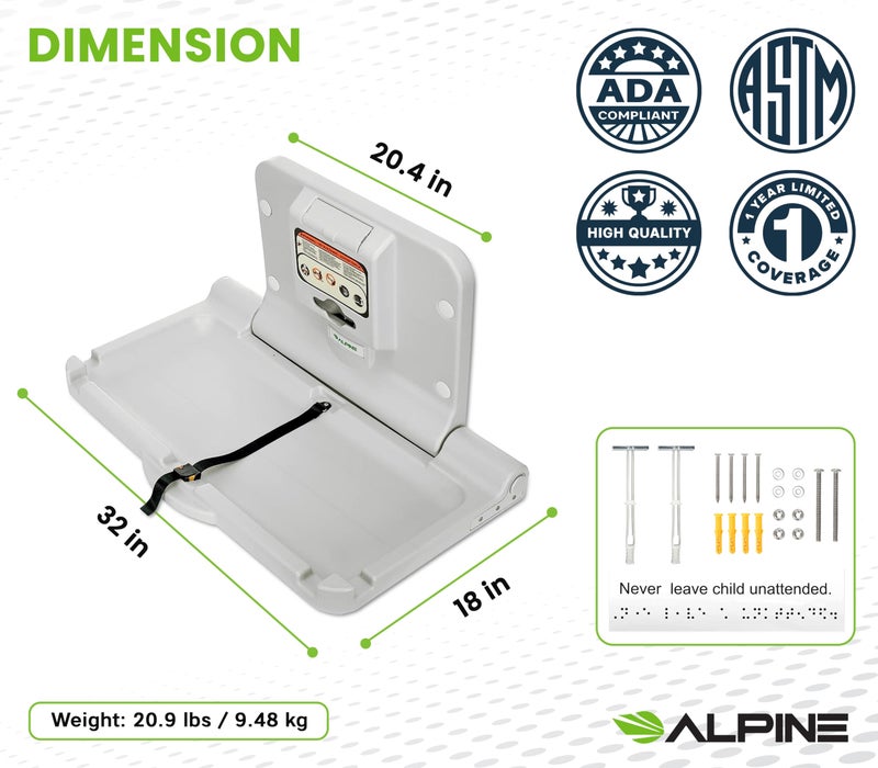 Alpine Industries Alpine Wall Mounted Baby Changing Station - Horizontal Baby Changing Table Foldable Diaper Tables with Safety Strap for Commercial Bathroom, ADA Complaint (Hardware Included) White Gray - Image 2