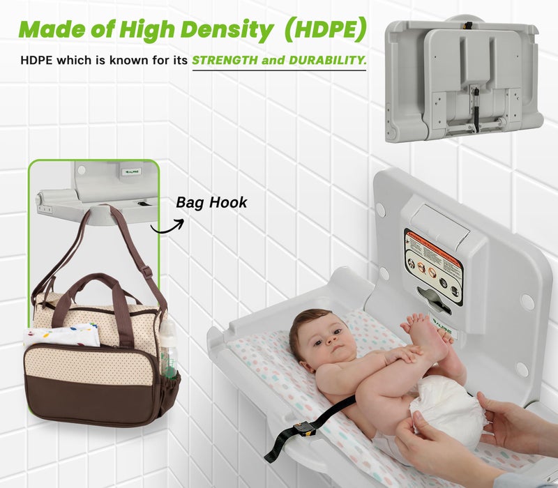 Alpine Industries Alpine Wall Mounted Baby Changing Station - Horizontal Baby Changing Table Foldable Diaper Tables with Safety Strap for Commercial Bathroom, ADA Complaint (Hardware Included) White Gray - Image 4