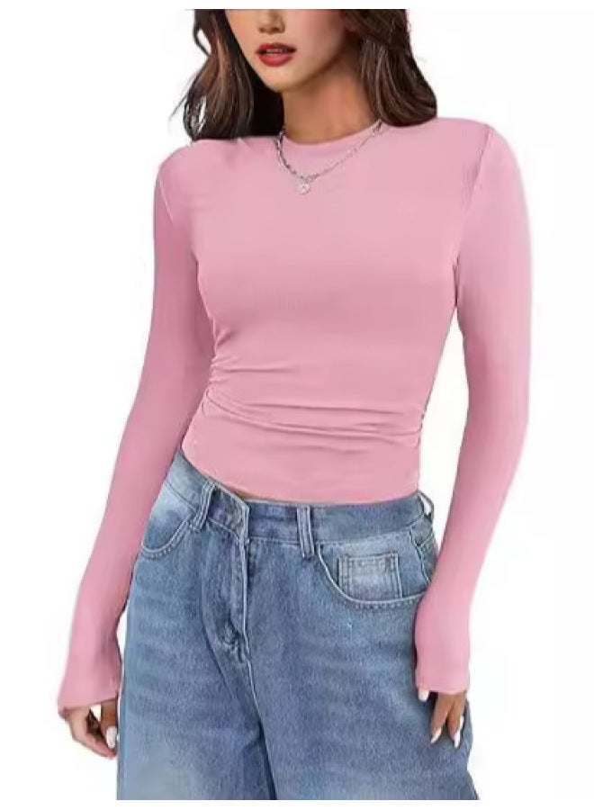 Autumn New European And American Fashion Women's Long Sleeve Stretch Round Neck Rib Slim T-shirt Top