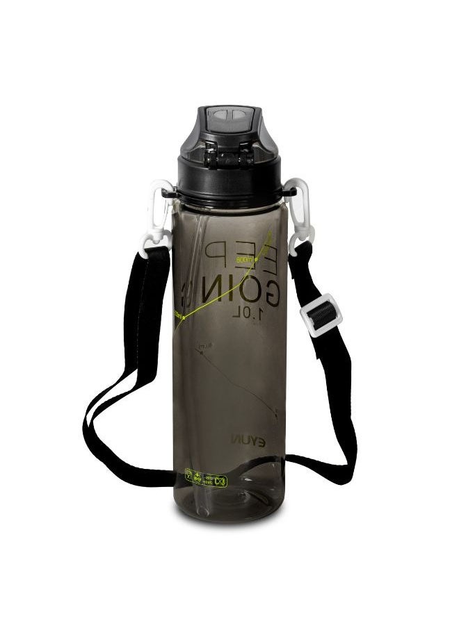 EYUN Keep going sports water bottle plastic leak proof unisex for gym office outdoor school with strap 1 l black  - Image 1