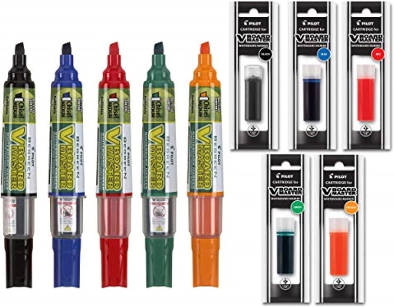 Refillable Dry Erase Markers, Pilot BeGreen Assorted Colors, 5-Pack With 1 Refill For Each Marker