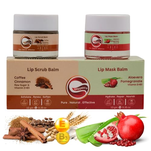 Greenviv Coffee & Cinnamon Lip Scrub + Aloe Vera & Pomegranate Lip Mask for Dark Lips & Tanning, Removes Dead Skin & Smoothens Lips | 20 g, Pack of 2 - Image 1