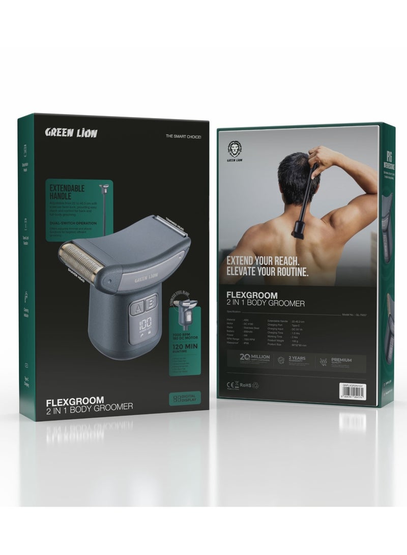 GREEN LION Flexgroom 2 in 1 Body Groomer with Dual-Head Design & Extendable Handle/Easy Back Reach/Waterproof/Rechargeable Shaver/Body Hair Shaver / Shave Leg Hair/Trim Back Hair - Grey - Image 4