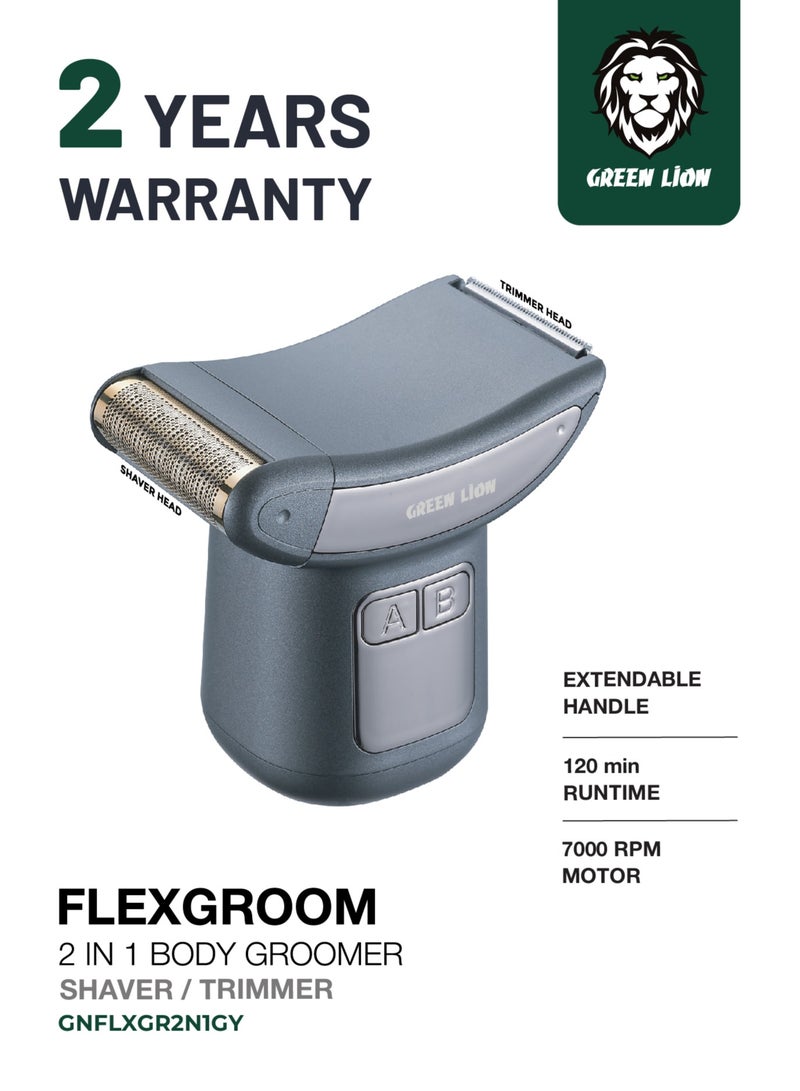 GREEN LION Flexgroom 2 in 1 Body Groomer with Dual-Head Design & Extendable Handle/Easy Back Reach/Waterproof/Rechargeable Shaver/Body Hair Shaver / Shave Leg Hair/Trim Back Hair - Grey - Image 1