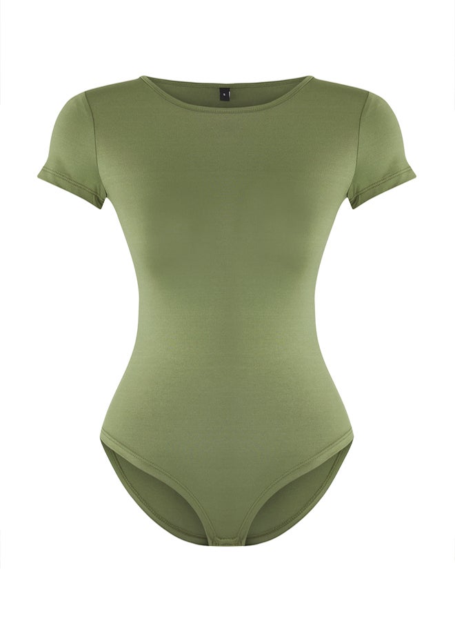 trendyol Khaki Fitted/Fits the Body Short Sleeve Elastic Snap Knit Bodysuit  - Image 5