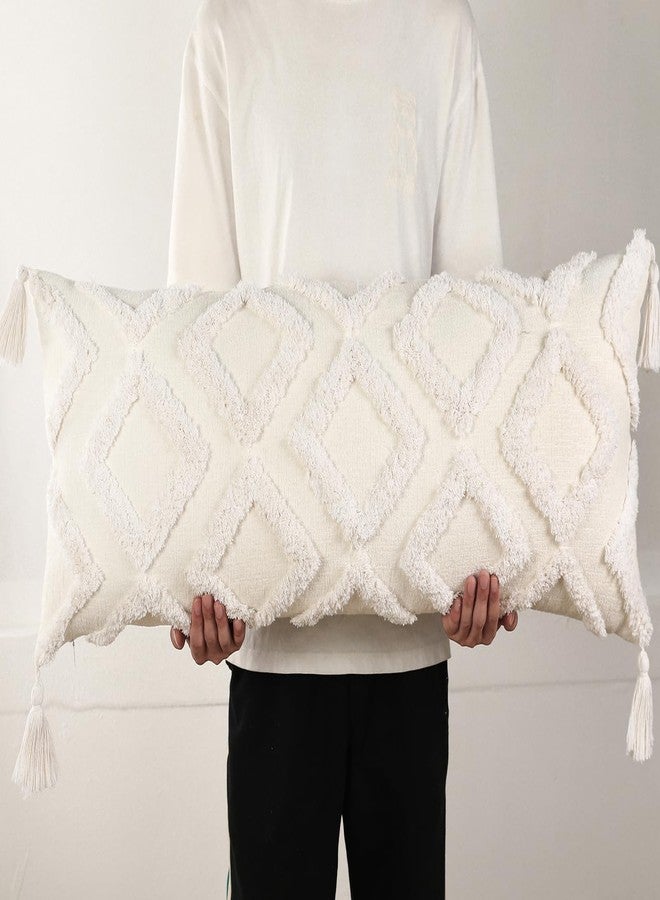 PANOD غطاء وسادة لامبور طويل مزخرف 14x36 بوهيمي، ناعم جداً من الشنيل، غطاء وسادة لامبور طويل جداً مع خرز للسرير والأريكة والكنبة في المنزل، أبيض، حديث نحيف - Image 1