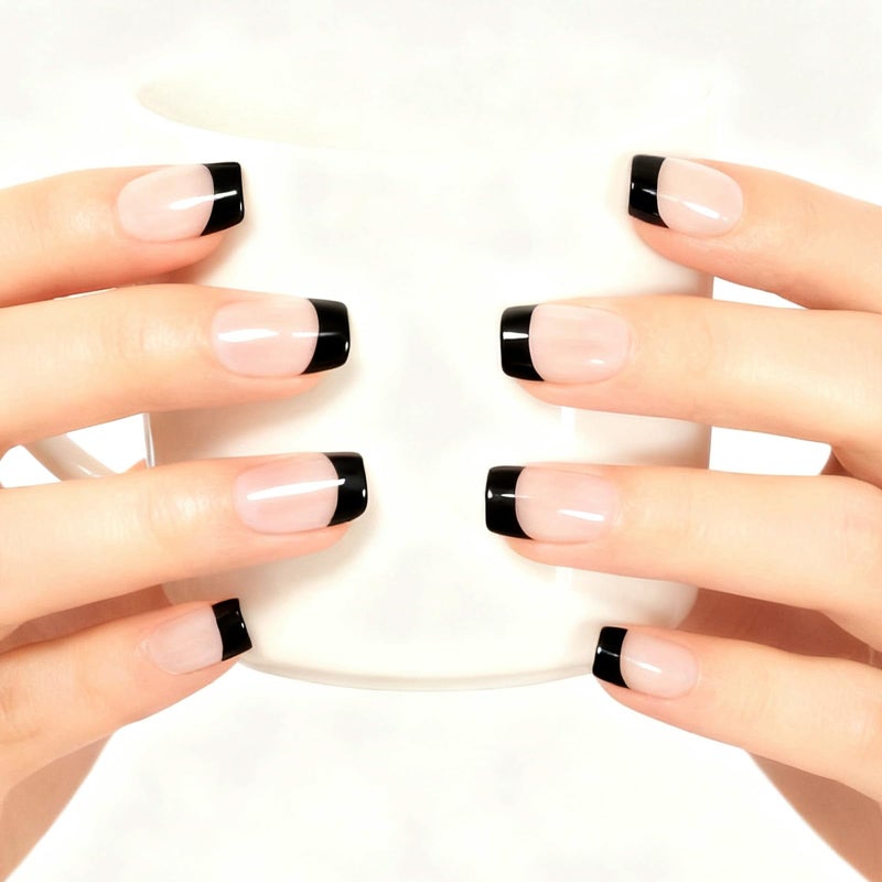 EchiQ Black Tip Classy Finish Polish Press On Nails Medium-Short French Square Gel Acrylic Manicure DIY Reusable False Nails 24pcs - Image 4