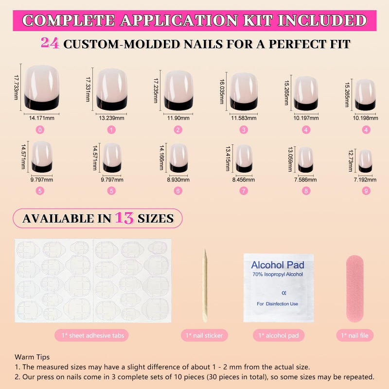 EchiQ Black Tip Classy Finish Polish Press On Nails Medium-Short French Square Gel Acrylic Manicure DIY Reusable False Nails 24pcs - Image 5