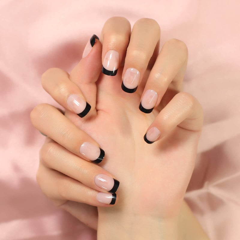EchiQ Black Tip Classy Finish Polish Press On Nails Medium-Short French Square Gel Acrylic Manicure DIY Reusable False Nails 24pcs - Image 3