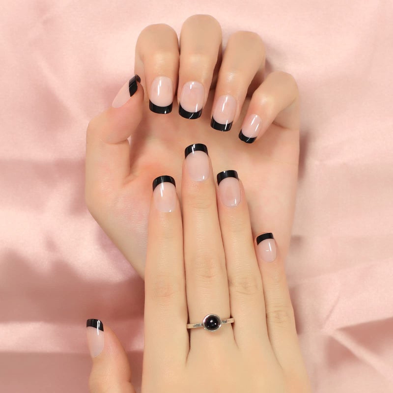 EchiQ Black Tip Classy Finish Polish Press On Nails Medium-Short French Square Gel Acrylic Manicure DIY Reusable False Nails 24pcs - Image 2