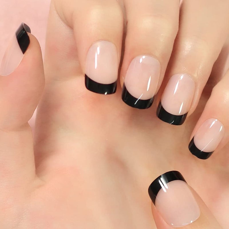 EchiQ Black Tip Classy Finish Polish Press On Nails Medium-Short French Square Gel Acrylic Manicure DIY Reusable False Nails 24pcs - Image 1