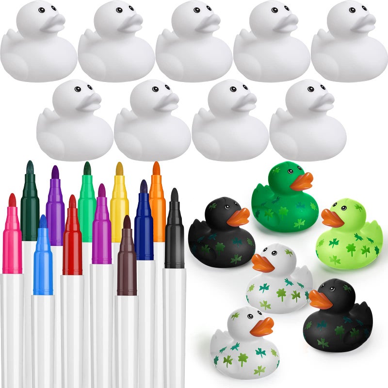 Jerify 24 Pcs 2 Inch White Blank Rubber Ducks for Kids DIY St Patricks Day Creative Rubber Ducks with Pens of 12 Colors for Pool Bathtub Float Cute Easter Classroom Crafts Birthday Party Favors - Image 3