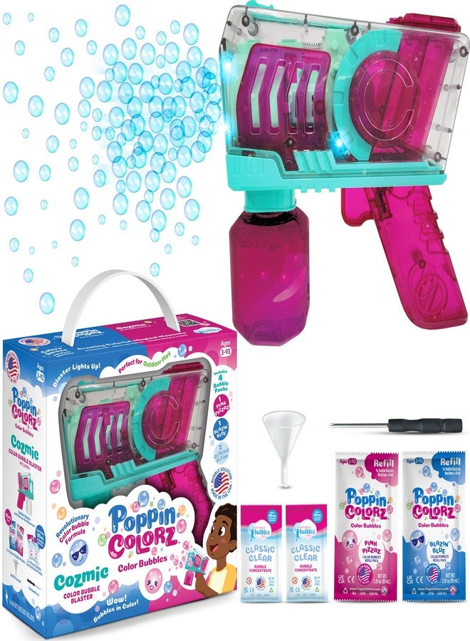 جهاز إطلاق فقاعات ملونة مضيء من WOWMAZING PoppinColorz Cozmic مع محلول فقاعات وردي واحد، ومحلول أزرق واحد، ومحلولين شفافين. صنع في الولايات المتحدة الأمريكية - لا حاجة للغمس - زر ضغط سهل الاستخدام للأيدي الصغيرة. - Image 1