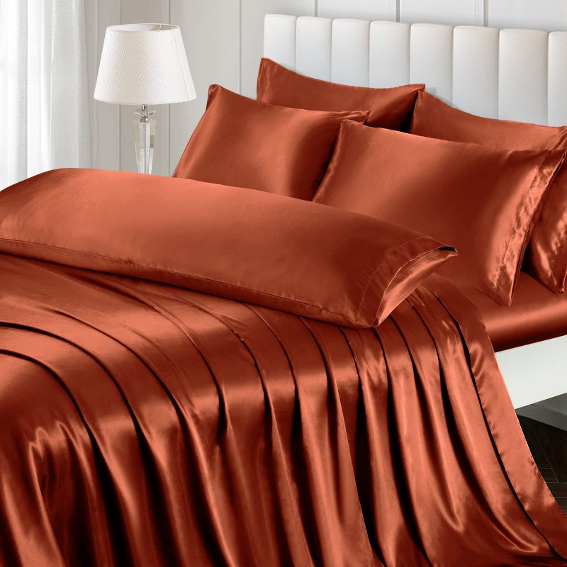 Ersmak 7 Pieces Satin Sheets Set Queen Size Luxury Silky Rust Orange Satin Bed Sheets Set with 1 Deep Pocket Fitted Sheet 1 Soft Flat Sheet 4 Queen Pillowcases and 1 Body Pillowcase