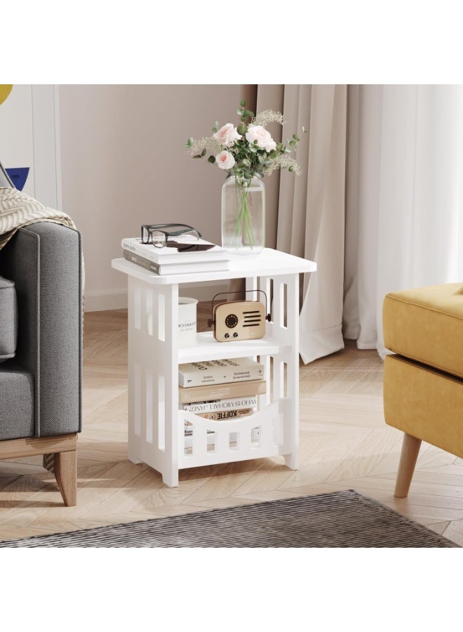 NANAO 3-Tier Side End Table with Storage Shelf Basket, White Small Bedside Table, Slim Narrow Nightstand Small Spaces for Living Room, Bedroom, Bathroom, Balcony - Image 4