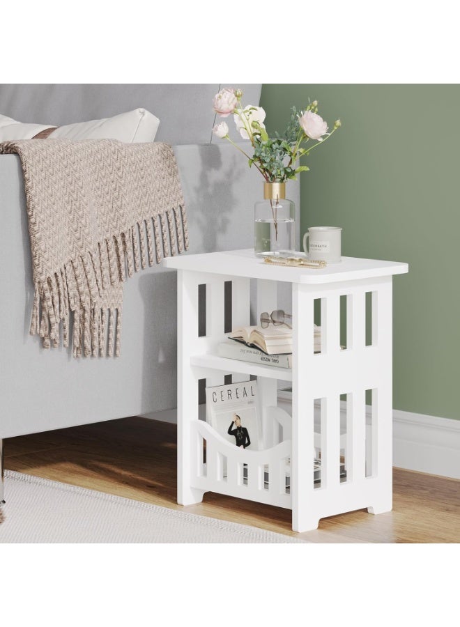 NANAO 3-Tier Side End Table with Storage Shelf Basket, White Small Bedside Table, Slim Narrow Nightstand Small Spaces for Living Room, Bedroom, Bathroom, Balcony - Image 3