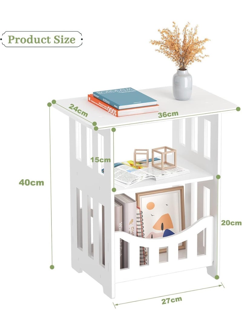 NANAO 3-Tier Side End Table with Storage Shelf Basket, White Small Bedside Table, Slim Narrow Nightstand Small Spaces for Living Room, Bedroom, Bathroom, Balcony - Image 2