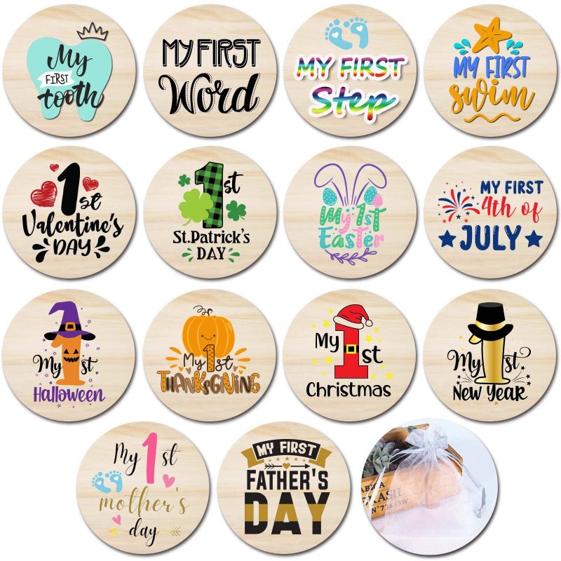 Baby First Holiday Milestone Cards 7 Pack Double Sided Wooden Baby Milestone Signs for Newborn Girl or Boy Baby Shower Cards Come with Organza Gift Bag First Special Moments
