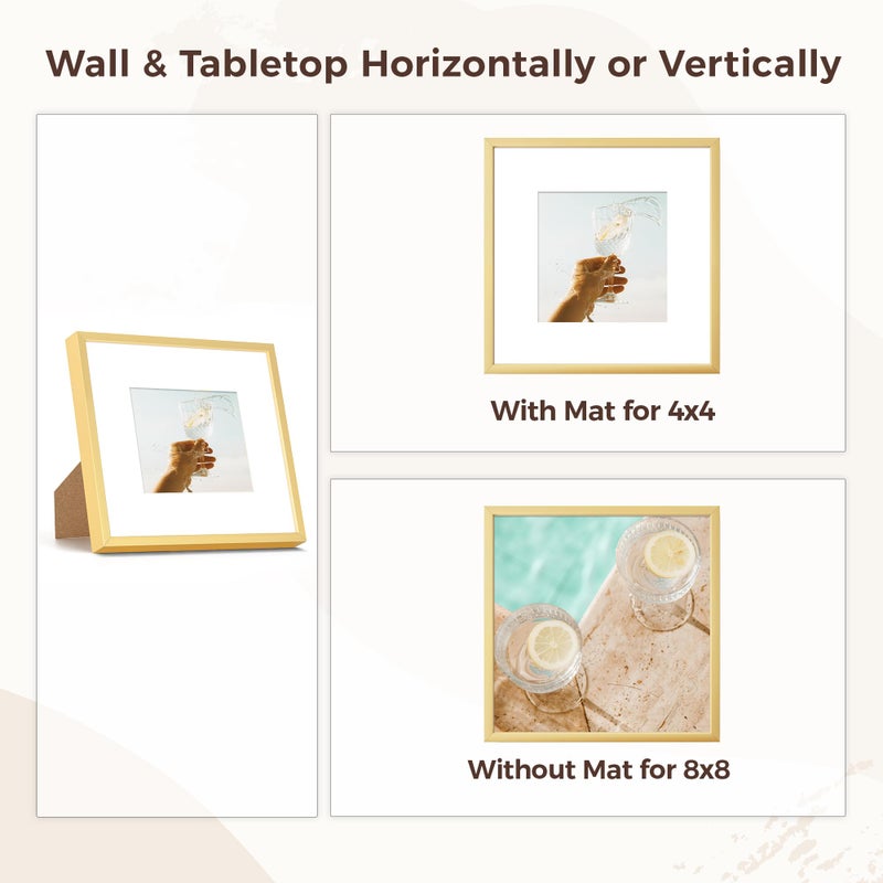 RICHFOCUS 8x8 Picture Frame|Square Frame 8 x 8 Matted to 4x4 Gold|8x8 Metal Aluminum Photo Frames with Stand for Tabletop or Wall Hanging|Hardwares Included  Set of 1 - Image 2