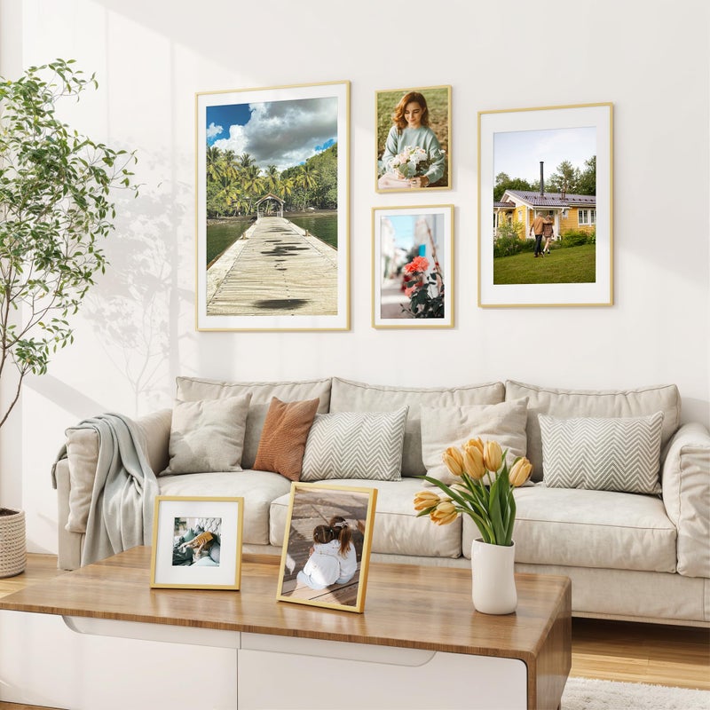 RICHFOCUS 8x8 Picture Frame|Square Frame 8 x 8 Matted to 4x4 Gold|8x8 Metal Aluminum Photo Frames with Stand for Tabletop or Wall Hanging|Hardwares Included  Set of 1 - Image 1